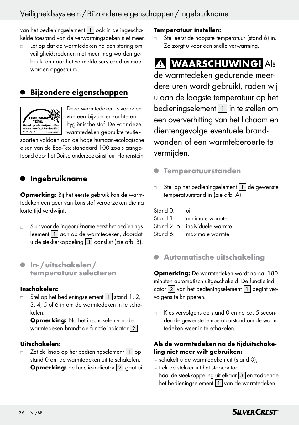 Reiniging en onderhoud / bewaren, Bijzondere eigenschappen, Ingebruikname | In- / uitschakelen / temperatuur selecteren, Temperatuurstanden, Automatische uitschakeling | Silvercrest SWD 100 C2 User Manual | Page 36 / 48
