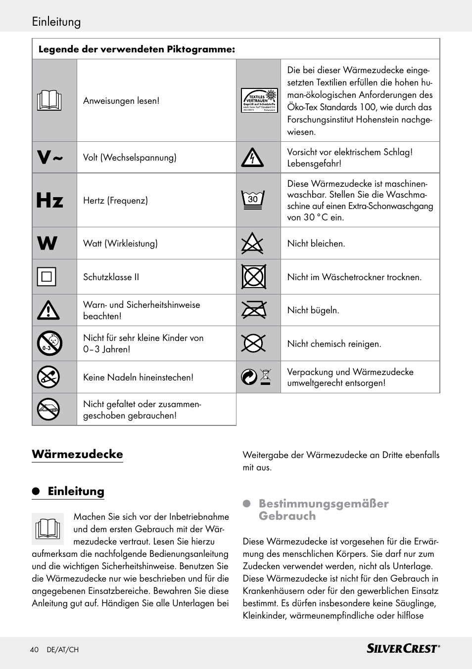 Wärmezudecke einleitung, Bestimmungsgemäßer gebrauch | Silvercrest SWD 100 C2 User Manual | Page 40 / 48