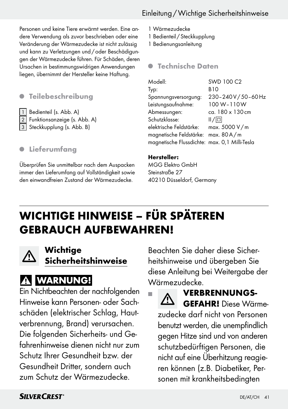 Einleitung / wichtige sicherheitshinweise, Einleitung | Silvercrest SWD 100 C2 User Manual | Page 41 / 48