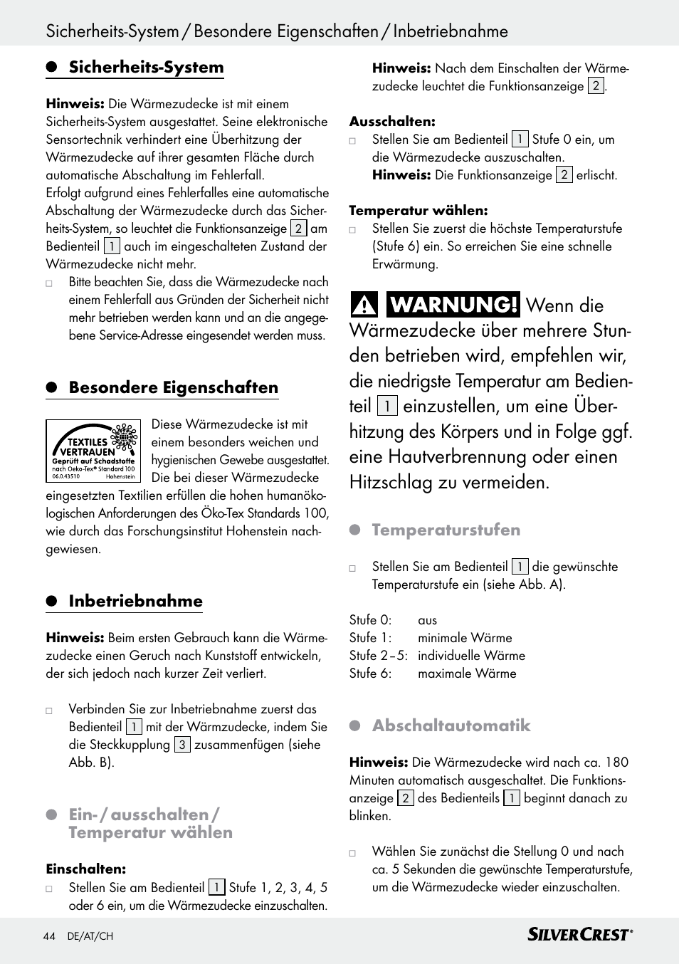 Sicherheits-system, Besondere eigenschaften, Inbetriebnahme | Ein- / ausschalten / temperatur wählen, Temperaturstufen, Abschaltautomatik | Silvercrest SWD 100 C2 User Manual | Page 44 / 48