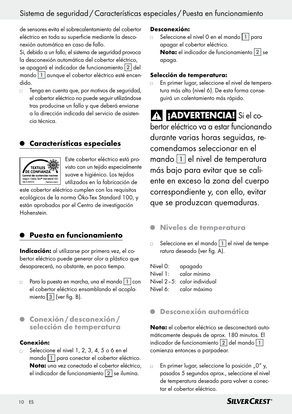 Características especiales, Puesta en funcionamiento, Conexión / desconexión / selección de temperatura | Niveles de temperatura, Desconexión automática | Silvercrest SWD 100 C2 User Manual | Page 10 / 46