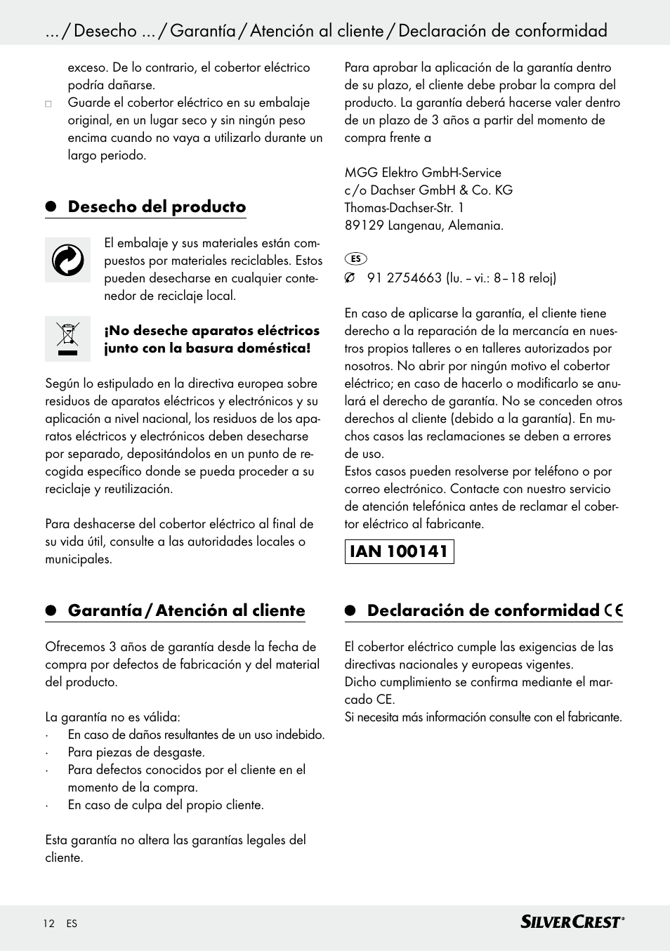 Indice, Desecho del producto, Garantía / atención al cliente | Silvercrest SWD 100 C2 User Manual | Page 12 / 46