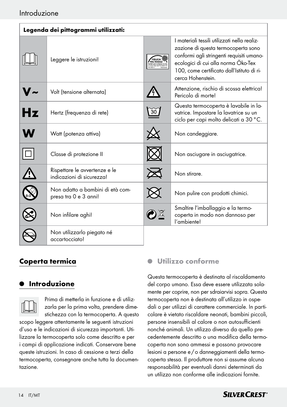 Introduzione, Introduzione / importanti indicazioni di sicurezza, Coperta termica introduzione | Utilizzo conforme | Silvercrest SWD 100 C2 User Manual | Page 14 / 46