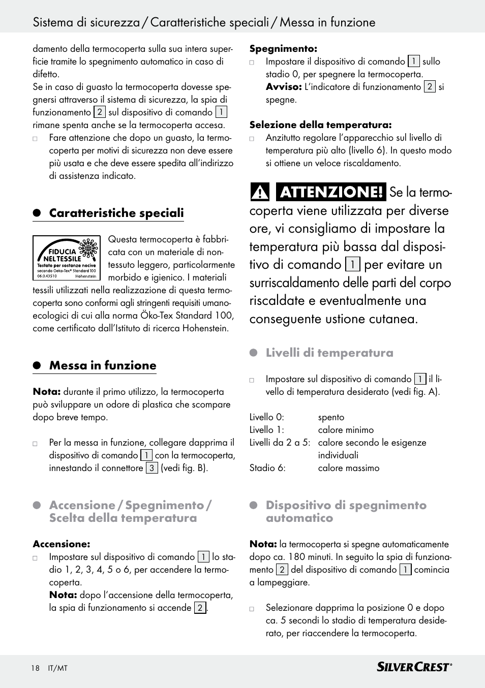 Messa in funzione / pulizia e cura / riposizione, Caratteristiche speciali, Messa in funzione | Livelli di temperatura, Dispositivo di spegnimento automatico | Silvercrest SWD 100 C2 User Manual | Page 18 / 46