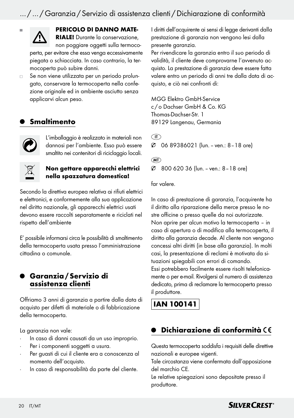 Índice, Smaltimento, Garanzia / servizio di assistenza clienti | Silvercrest SWD 100 C2 User Manual | Page 20 / 46