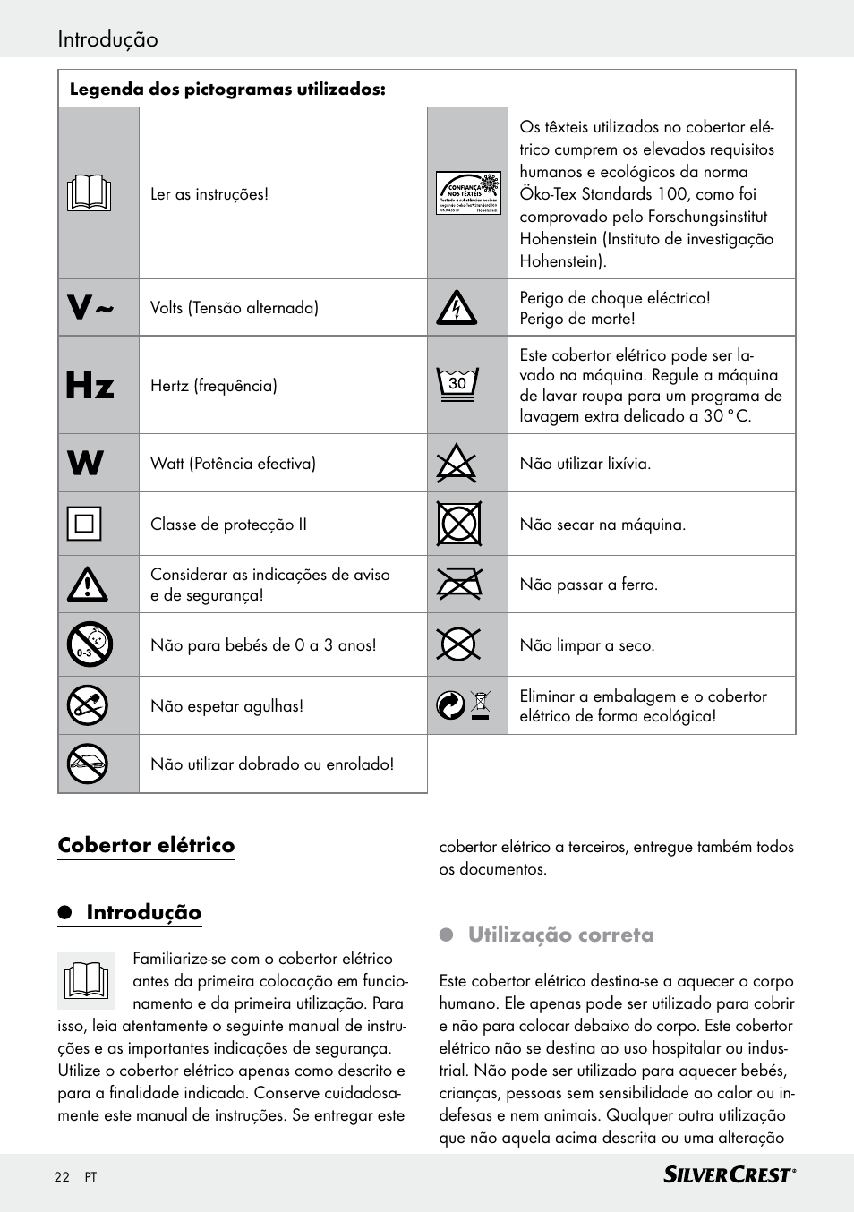 Cobertor elétrico introdução, Utilização correta | Silvercrest SWD 100 C2 User Manual | Page 22 / 46