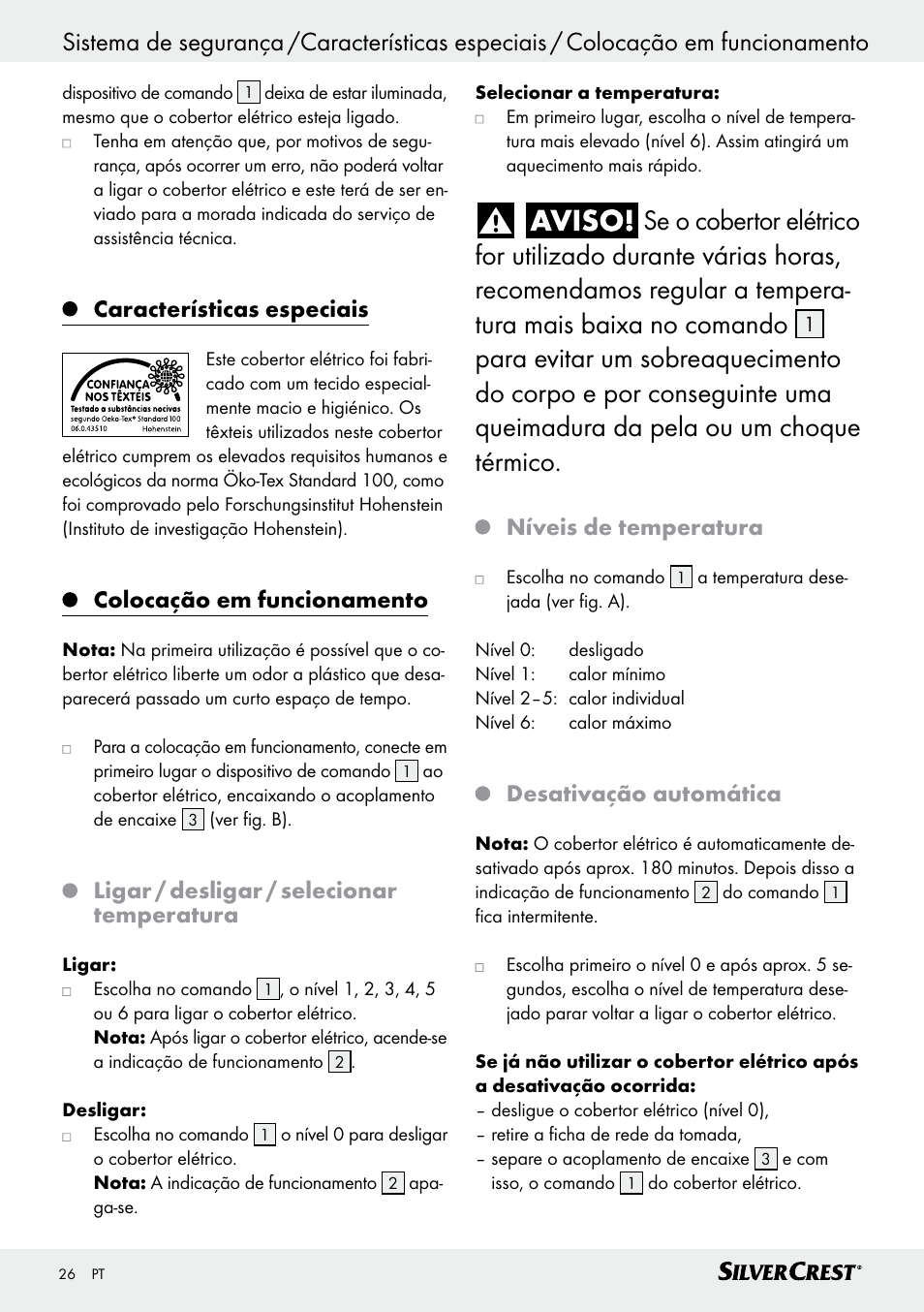 Limpeza e cuidado / armazenamento, Características especiais, Colocação em funcionamento | Ligar / desligar / selecionar temperatura, Níveis de temperatura, Desativação automática | Silvercrest SWD 100 C2 User Manual | Page 26 / 46