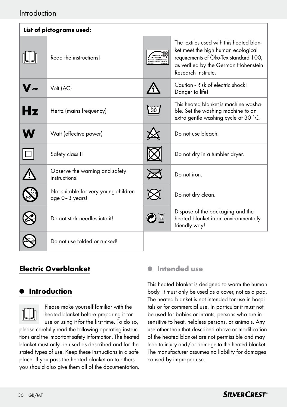 Electric overblanket introduction, Intended use | Silvercrest SWD 100 C2 User Manual | Page 30 / 46