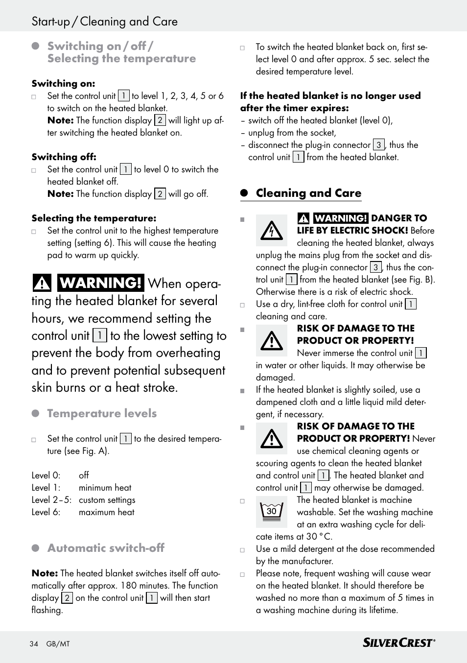 Switching on / off / selecting the temperature, Temperature levels, Automatic switch­off | Cleaning and care | Silvercrest SWD 100 C2 User Manual | Page 34 / 46