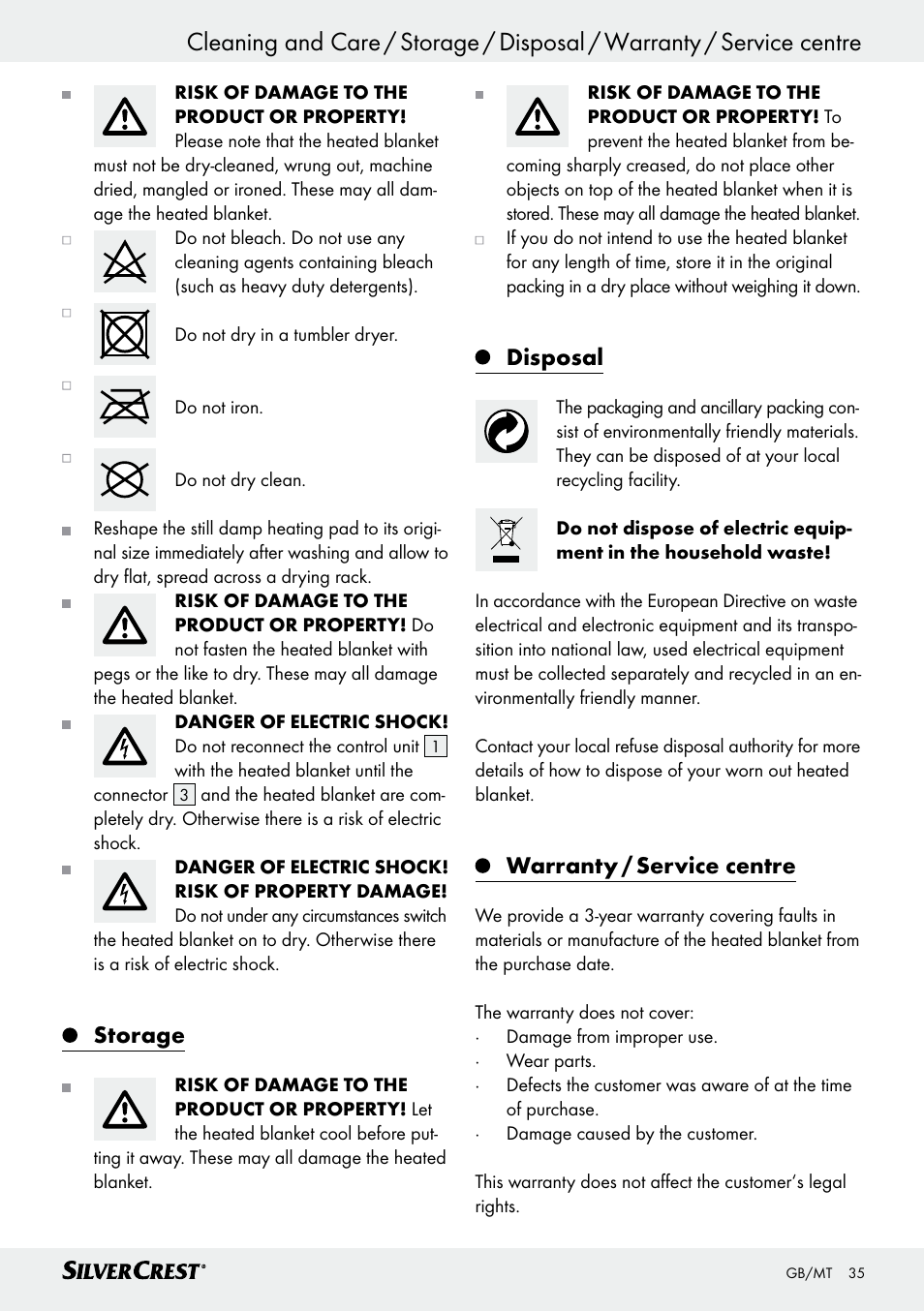 Storage, Disposal, Warranty / service centre | Silvercrest SWD 100 C2 User Manual | Page 35 / 46