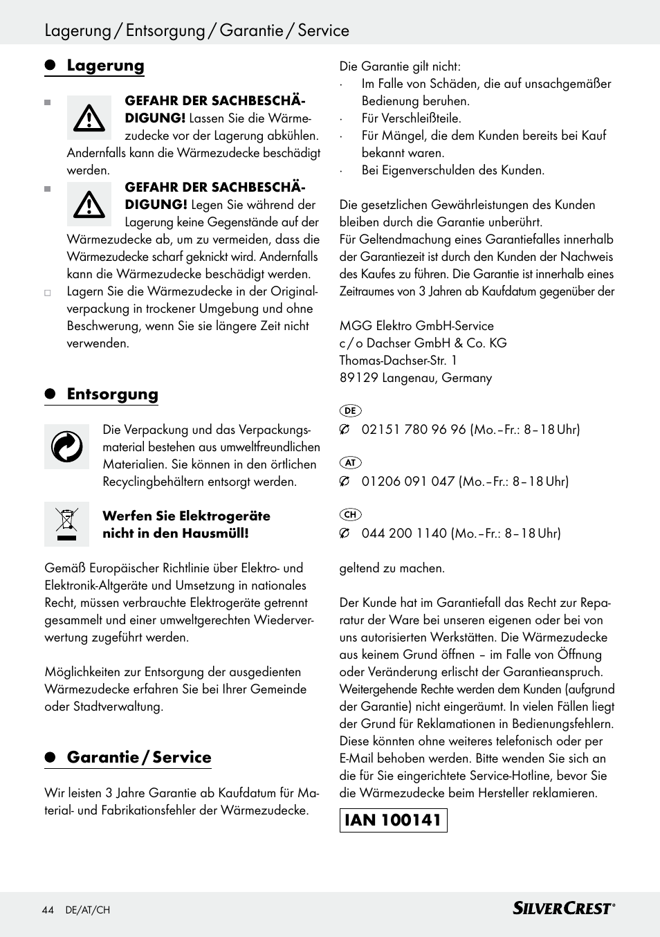 Lagerung, Entsorgung, Garantie / service | Silvercrest SWD 100 C2 User Manual | Page 44 / 46