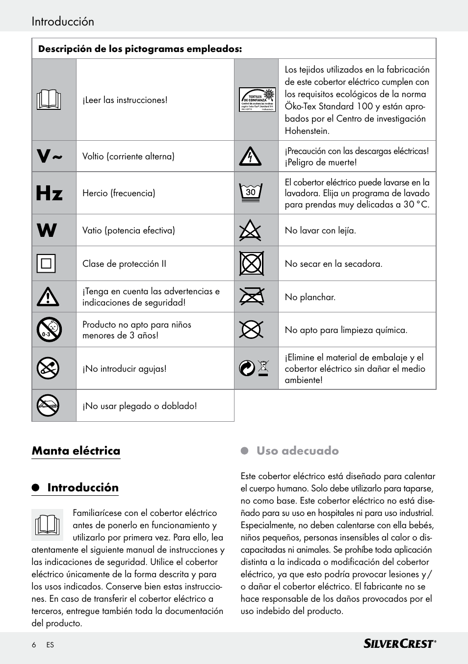 Manta eléctrica introducción, Uso adecuado | Silvercrest SWD 100 C2 User Manual | Page 6 / 46