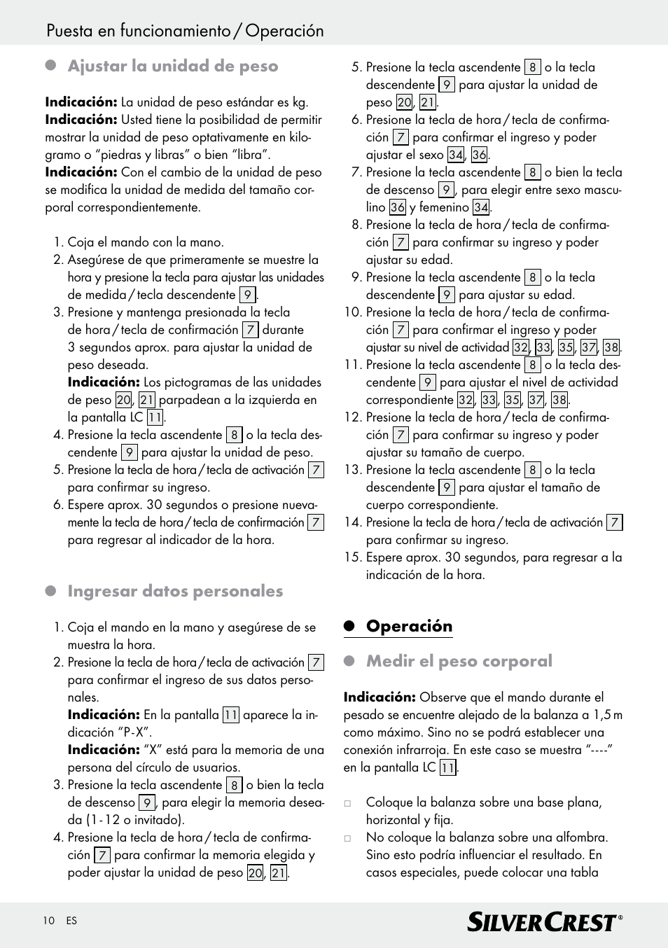 Puesta en funcionamiento / operación, Ajustar la unidad de peso, Ingresar datos personales | Operación, Medir el peso corporal | Silvercrest Z28414 User Manual | Page 10 / 49