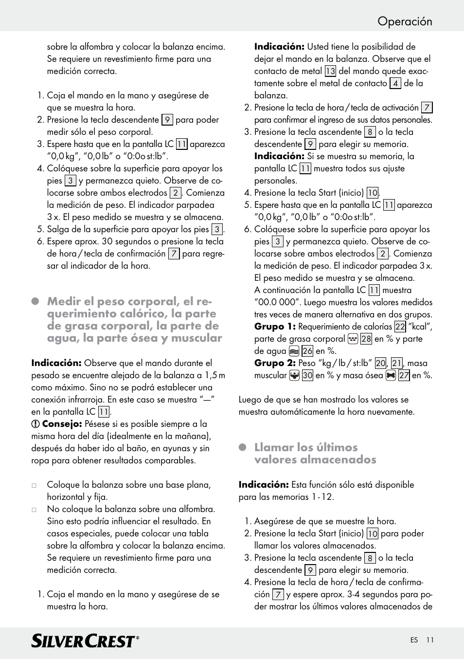 Operación, Llamar los últimos valores almacenados | Silvercrest Z28414 User Manual | Page 11 / 49