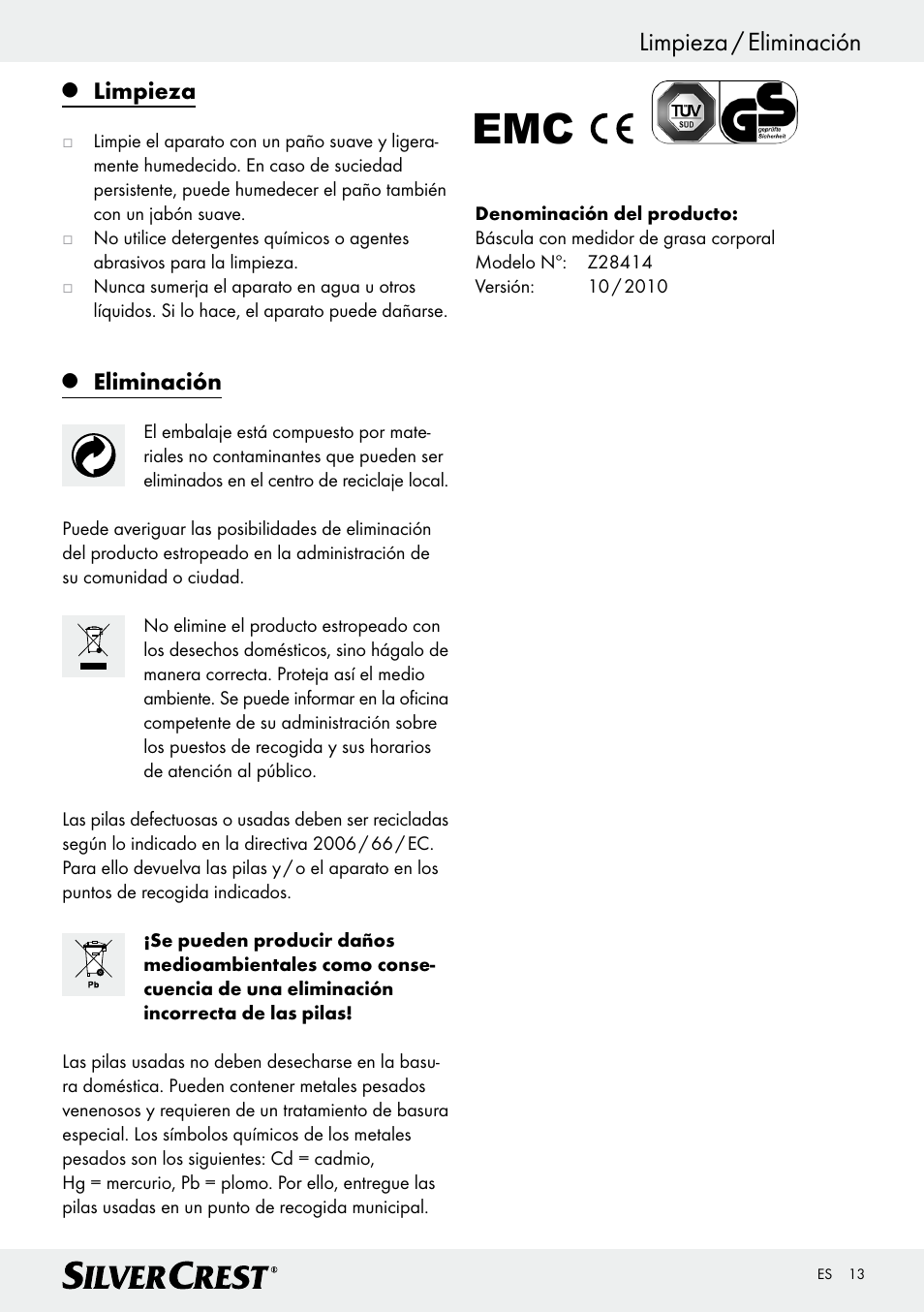 Limpieza / eliminación, Limpieza, Eliminación | Silvercrest Z28414 User Manual | Page 13 / 49