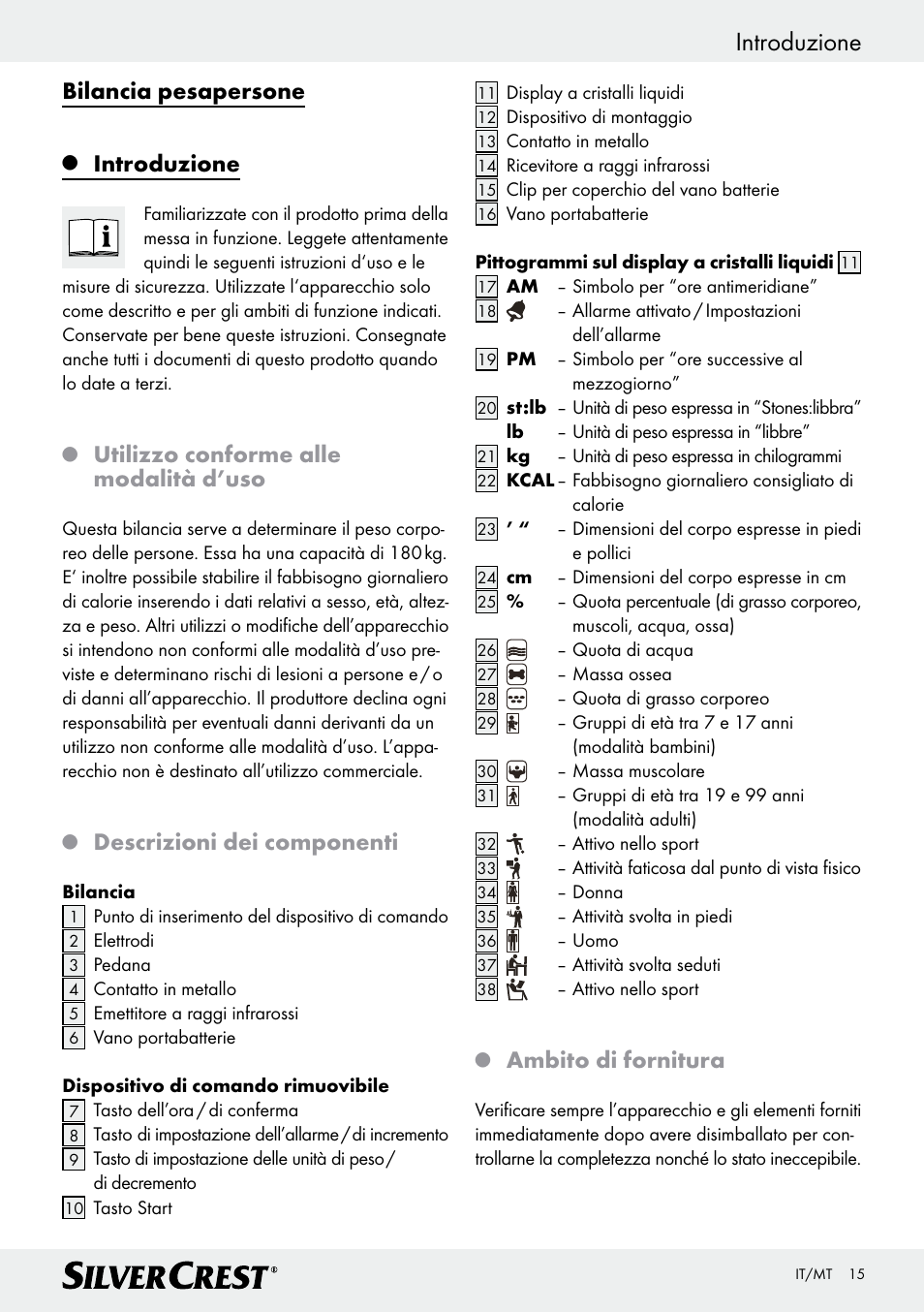 Introduzione, Bilancia pesapersone, Utilizzo conforme alle modalità d’uso | Descrizioni dei componenti, Ambito di fornitura | Silvercrest Z28414 User Manual | Page 15 / 49