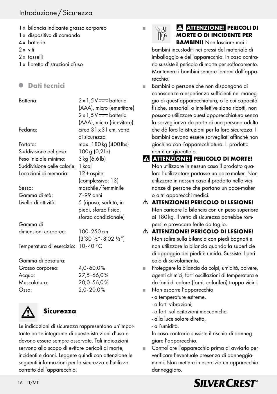 Introduzione / sicurezza, Dati tecnici, Sicurezza | Silvercrest Z28414 User Manual | Page 16 / 49