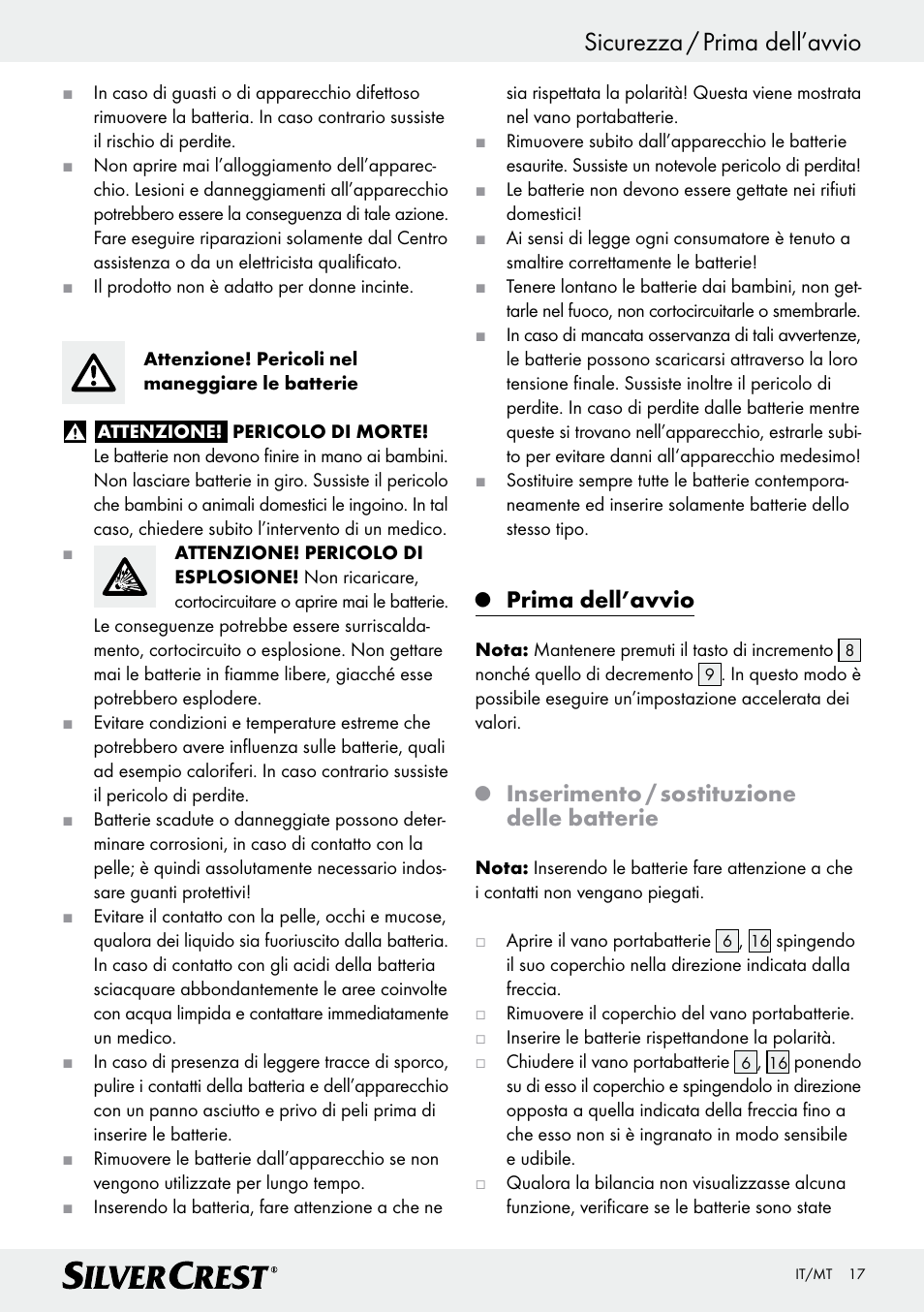 Sicurezza / prima dell’avvio, Prima dell’avvio, Inserimento / sostituzione delle batterie | Silvercrest Z28414 User Manual | Page 17 / 49