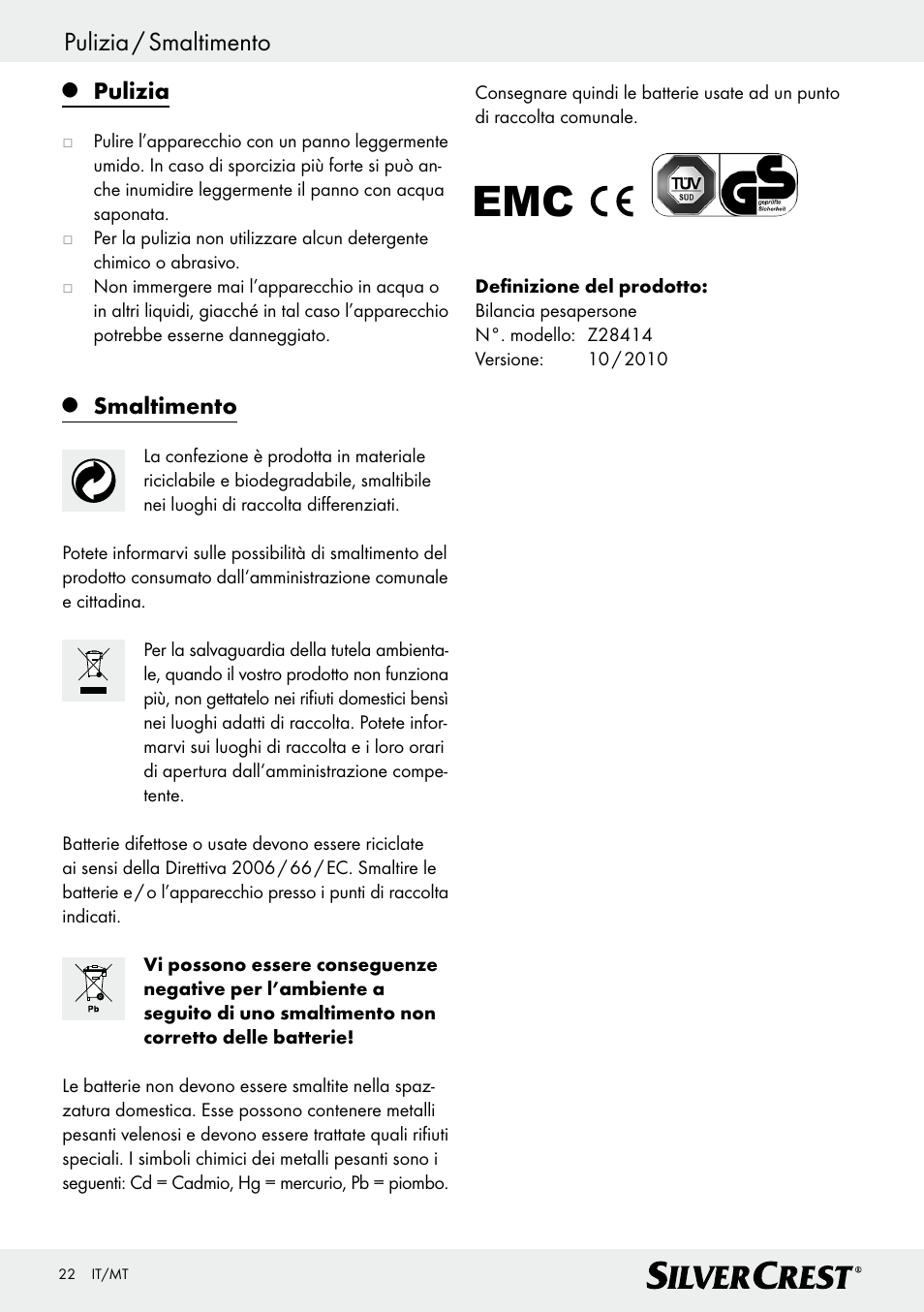 Pulizia / smaltimento, Pulizia, Smaltimento | Silvercrest Z28414 User Manual | Page 22 / 49