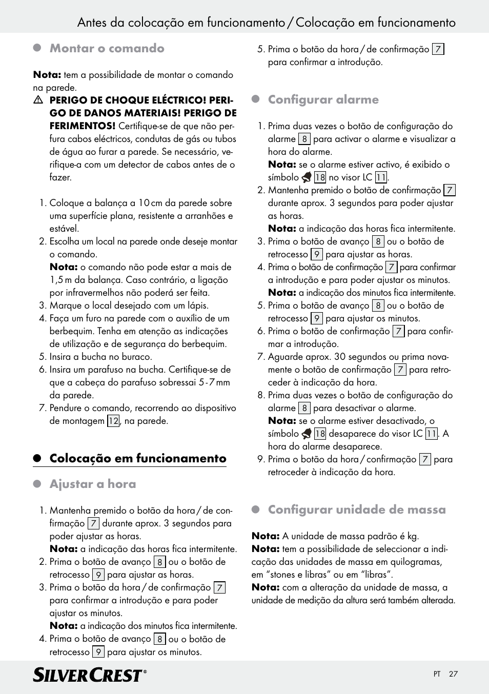 Montar o comando, Colocação em funcionamento, Ajustar a hora | Configurar alarme, Configurar unidade de massa | Silvercrest Z28414 User Manual | Page 27 / 49