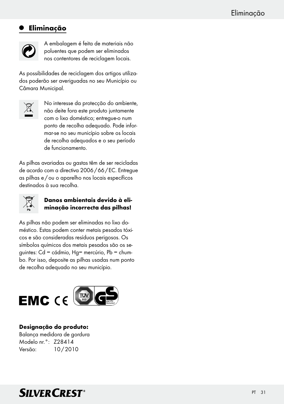 Eliminação | Silvercrest Z28414 User Manual | Page 31 / 49