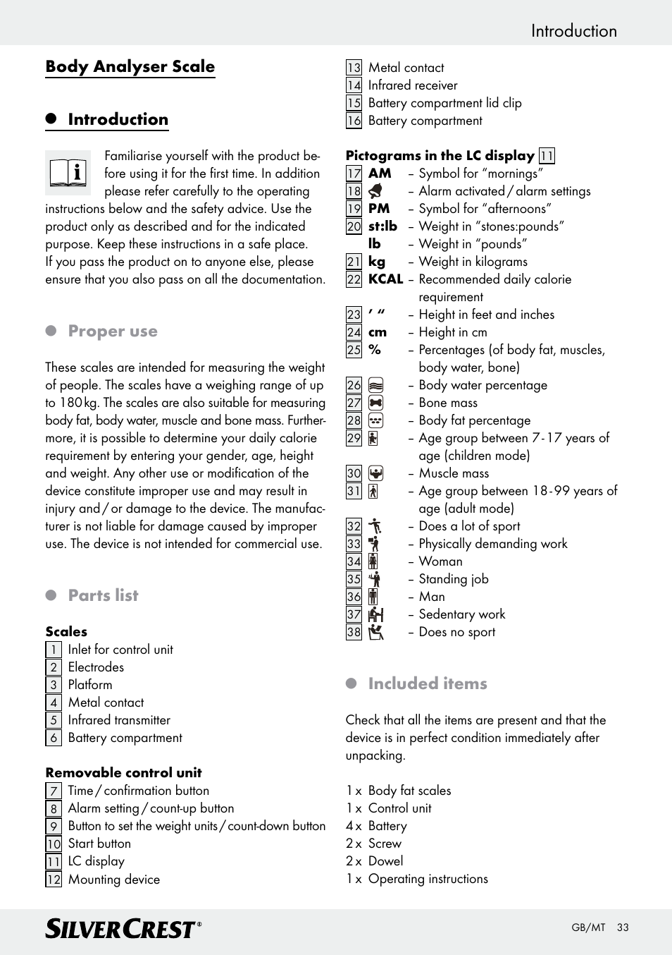 Introduction, Body analyser scale, Proper use | Parts list, Included items | Silvercrest Z28414 User Manual | Page 33 / 49