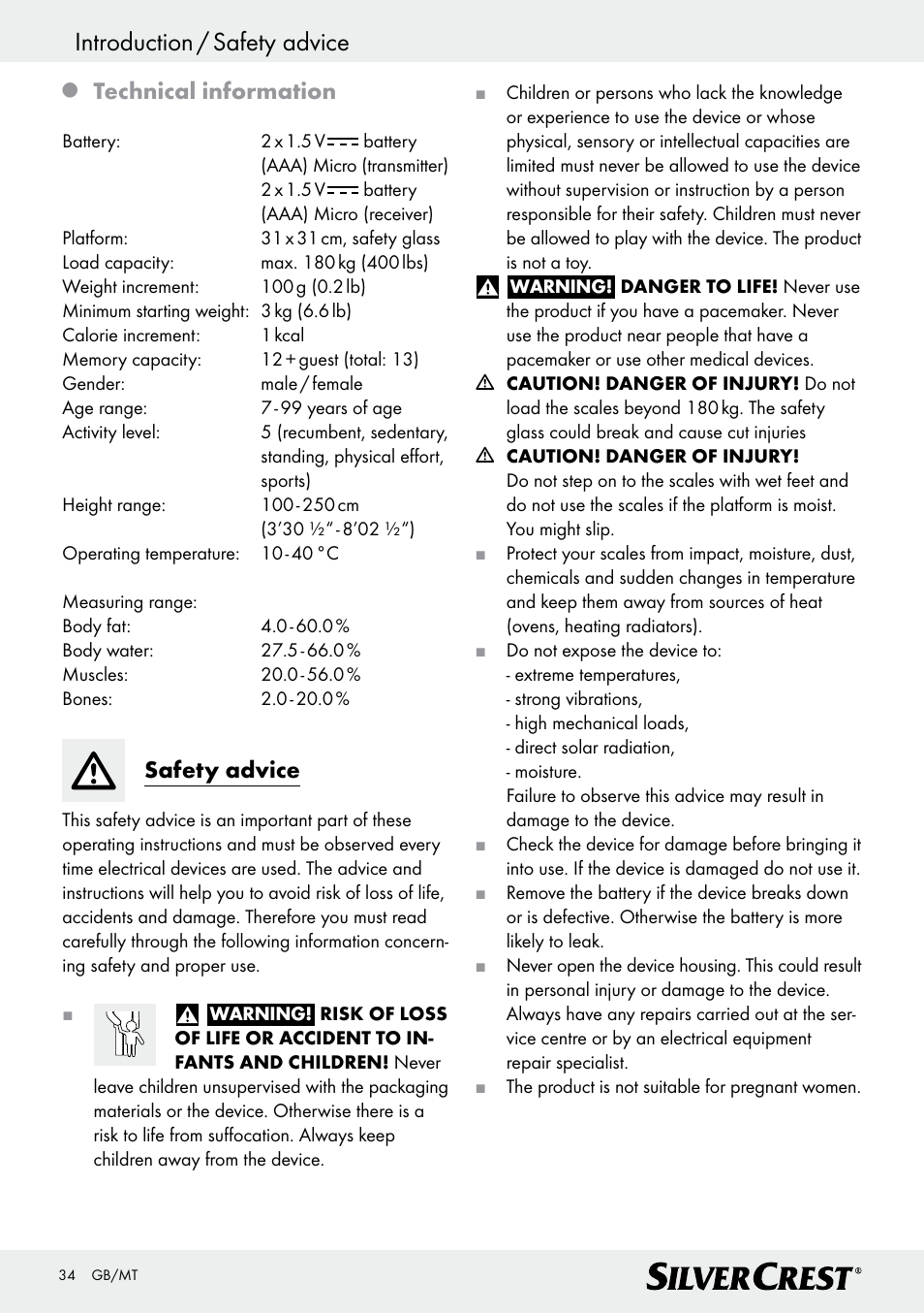 Introduction / safety advice, Technical information, Safety advice | Silvercrest Z28414 User Manual | Page 34 / 49