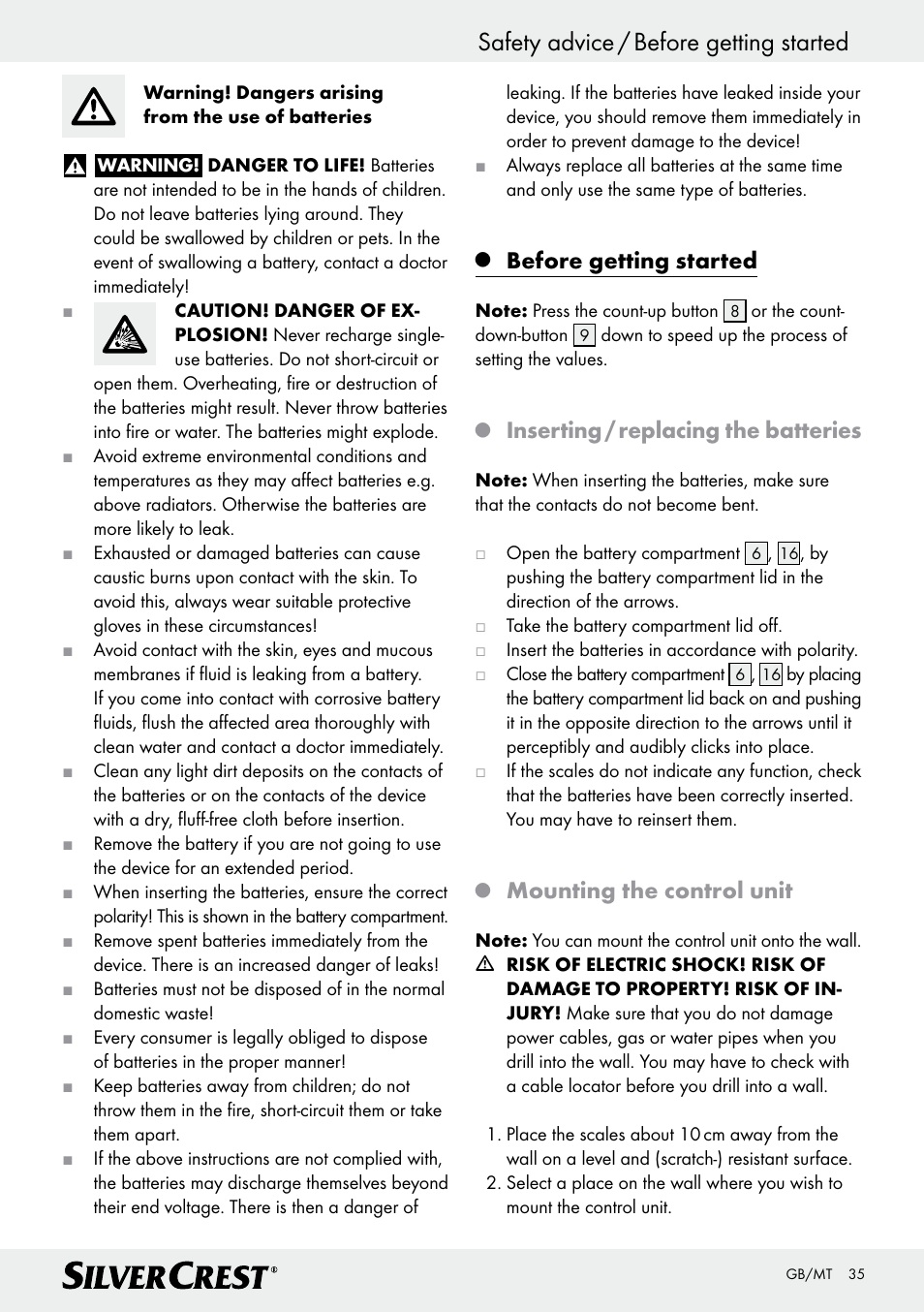 Safety advice / before getting started, Before getting started, Inserting / replacing the batteries | Mounting the control unit | Silvercrest Z28414 User Manual | Page 35 / 49