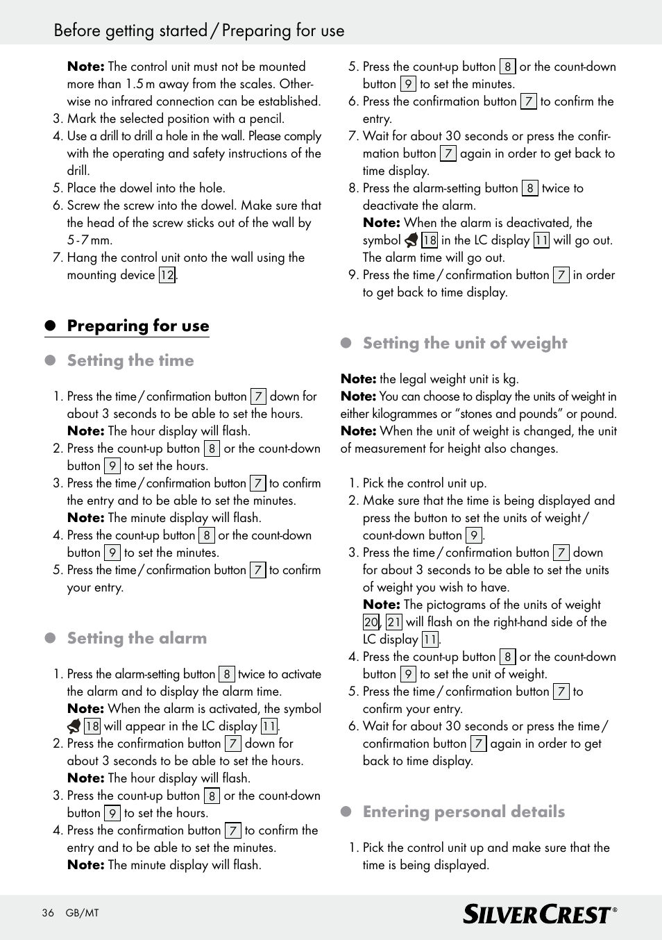 Before getting started / preparing for use, Preparing for use, Setting the time | Setting the alarm, Setting the unit of weight, Entering personal details | Silvercrest Z28414 User Manual | Page 36 / 49