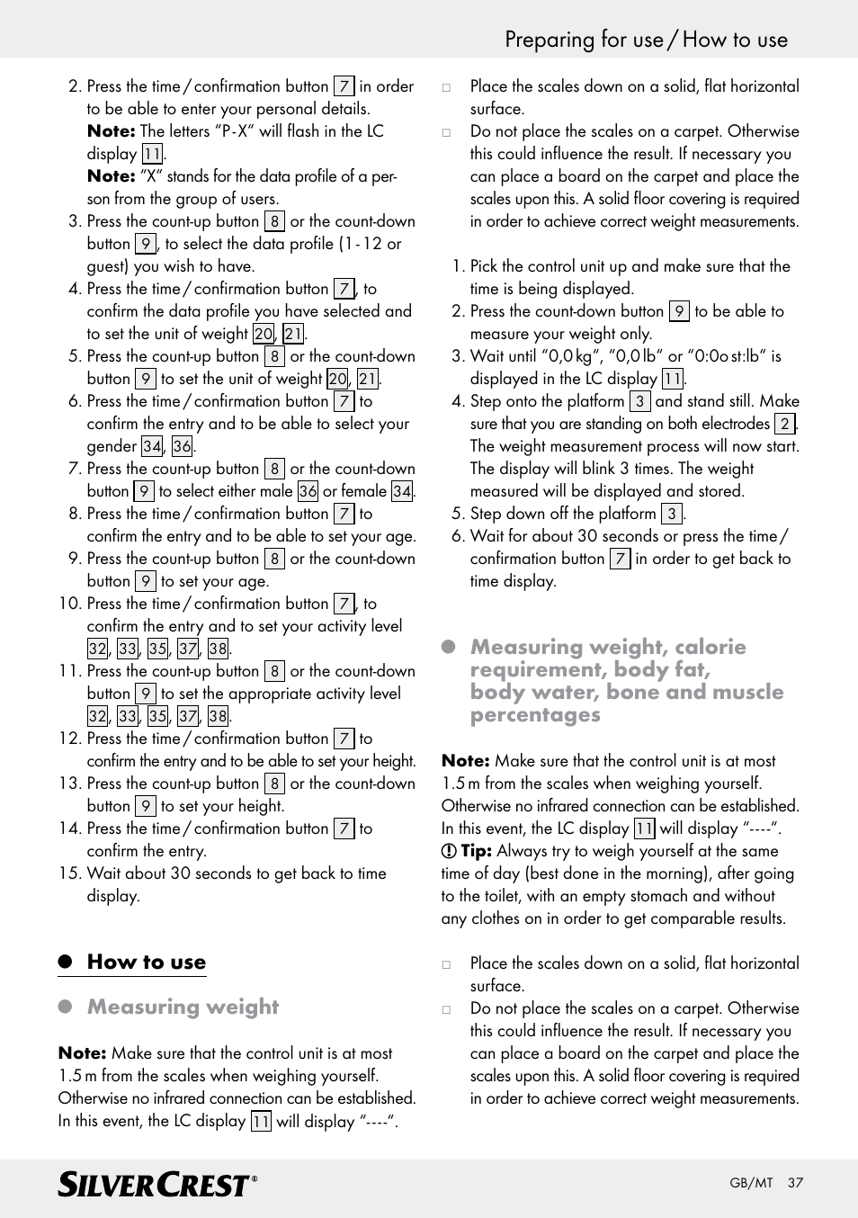 Preparing for use / how to use, How to use, Measuring weight | Silvercrest Z28414 User Manual | Page 37 / 49