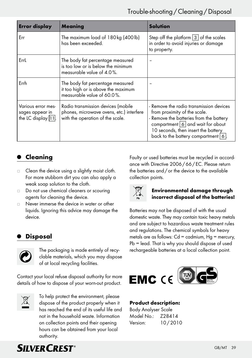 Trouble-shooting / cleaning / disposal, Cleaning, Disposal | Silvercrest Z28414 User Manual | Page 39 / 49