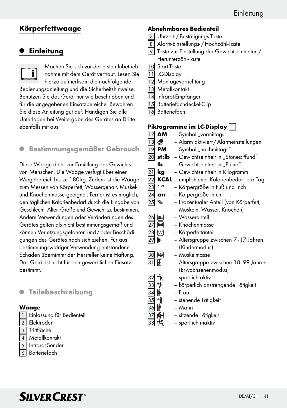 Einleitung, Körperfettwaage, Bestimmungsgemäßer gebrauch | Teilebeschreibung | Silvercrest Z28414 User Manual | Page 41 / 49