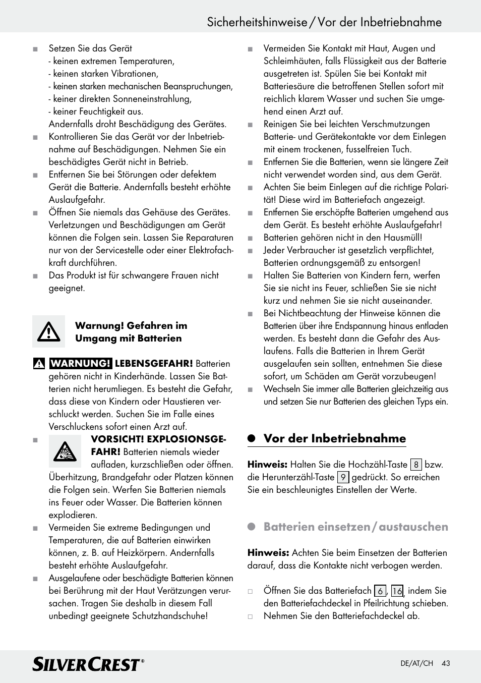 Sicherheitshinweise / vor der inbetriebnahme, Vor der inbetriebnahme, Batterien einsetzen / austauschen | Silvercrest Z28414 User Manual | Page 43 / 49