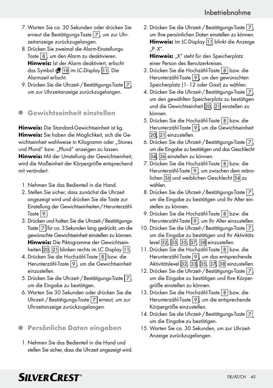 Inbetriebnahme, Gewichtseinheit einstellen, Persönliche daten eingeben | Silvercrest Z28414 User Manual | Page 45 / 49