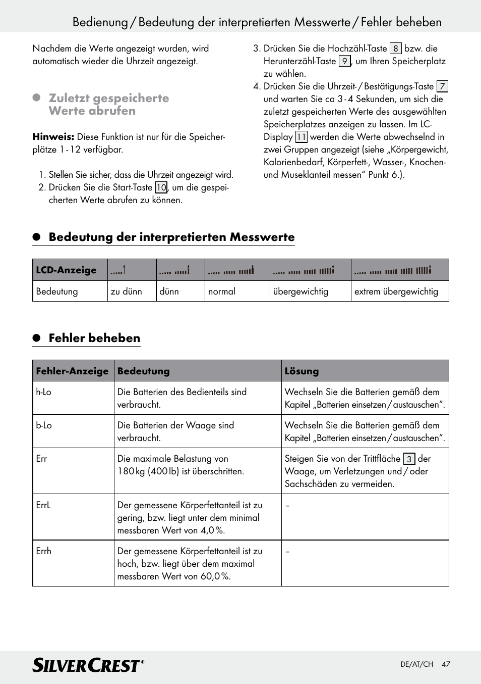 Bedeutung der interpretierten messwerte, Fehler beheben, Zuletzt gespeicherte werte abrufen | Silvercrest Z28414 User Manual | Page 47 / 49