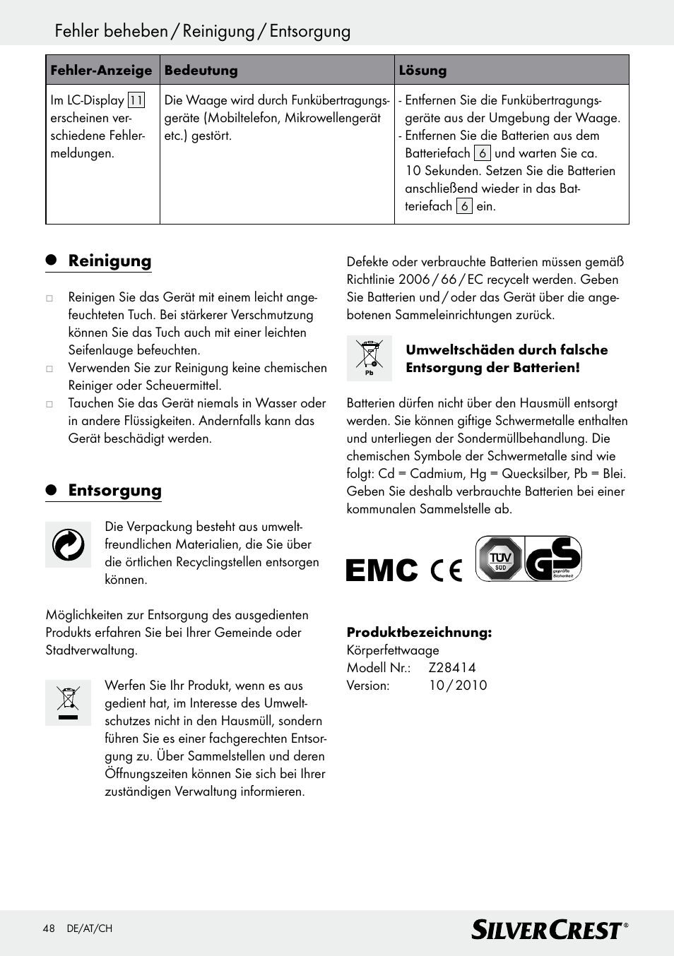 Fehler beheben / reinigung / entsorgung, Reinigung, Entsorgung | Silvercrest Z28414 User Manual | Page 48 / 49