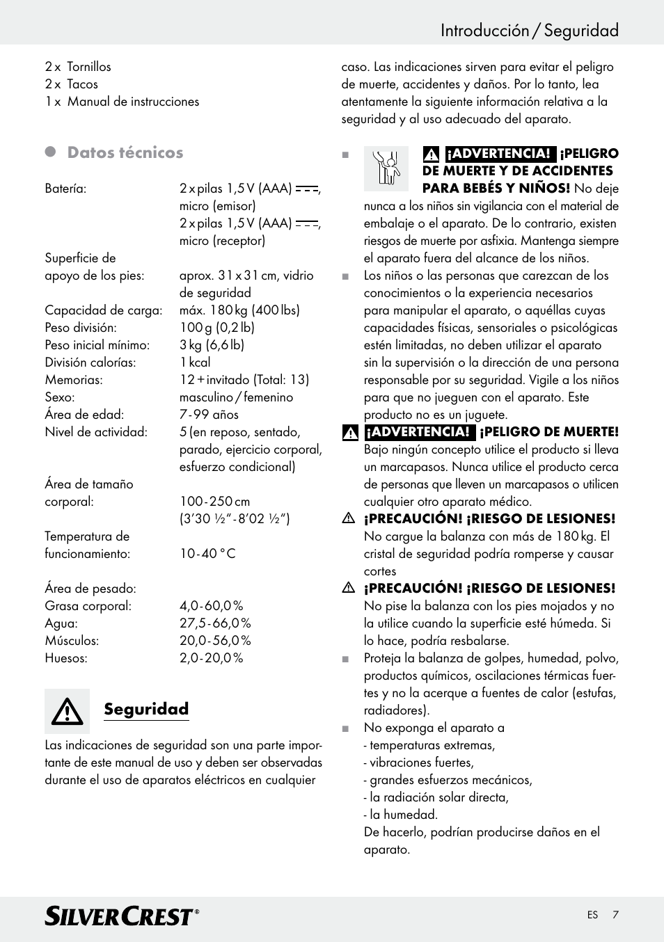 Introducción / seguridad, Datos técnicos, Seguridad | Silvercrest Z28414 User Manual | Page 7 / 49