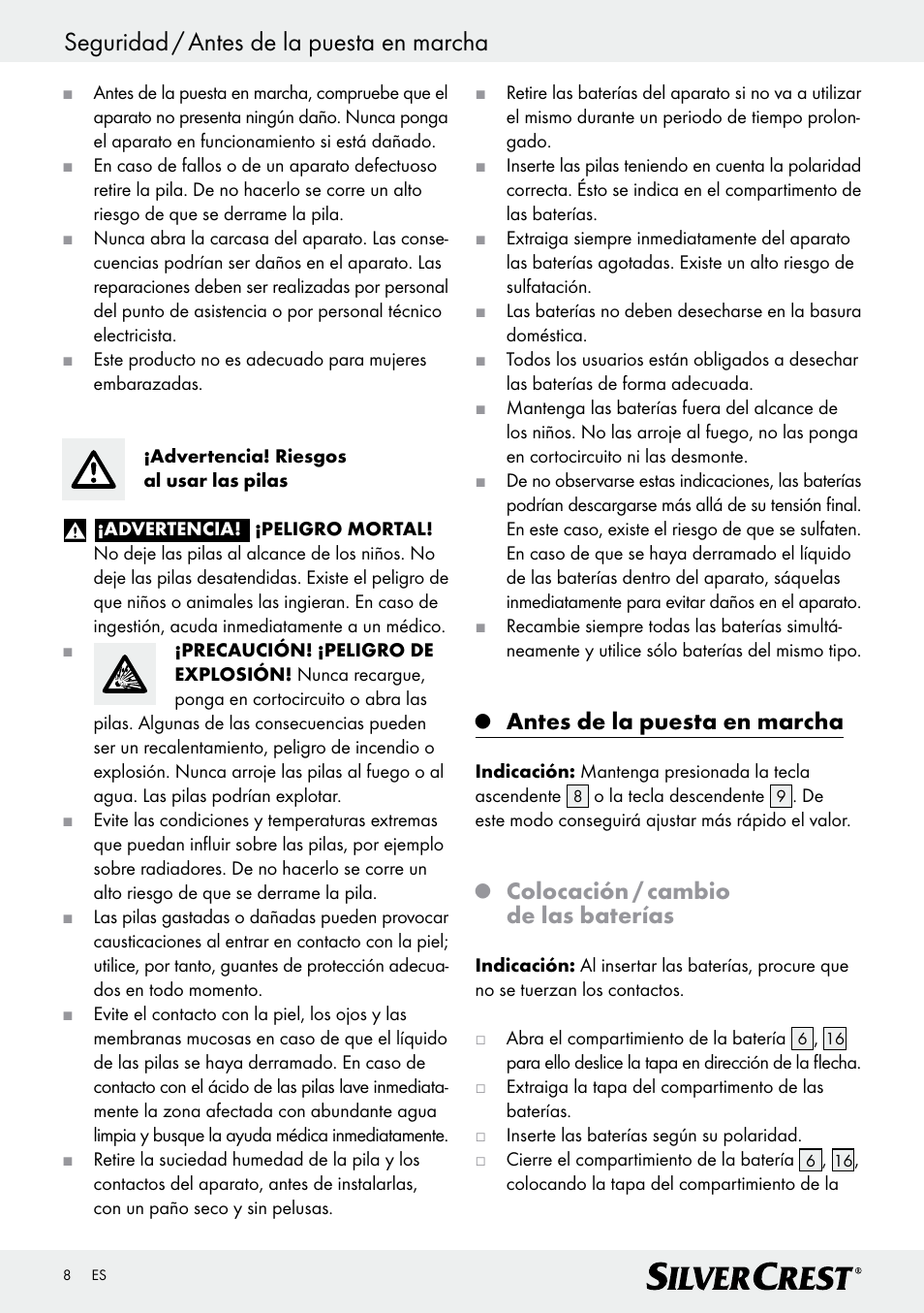 Seguridad / antes de la puesta en marcha, Antes de la puesta en marcha, Colocación / cambio de las baterías | Silvercrest Z28414 User Manual | Page 8 / 49