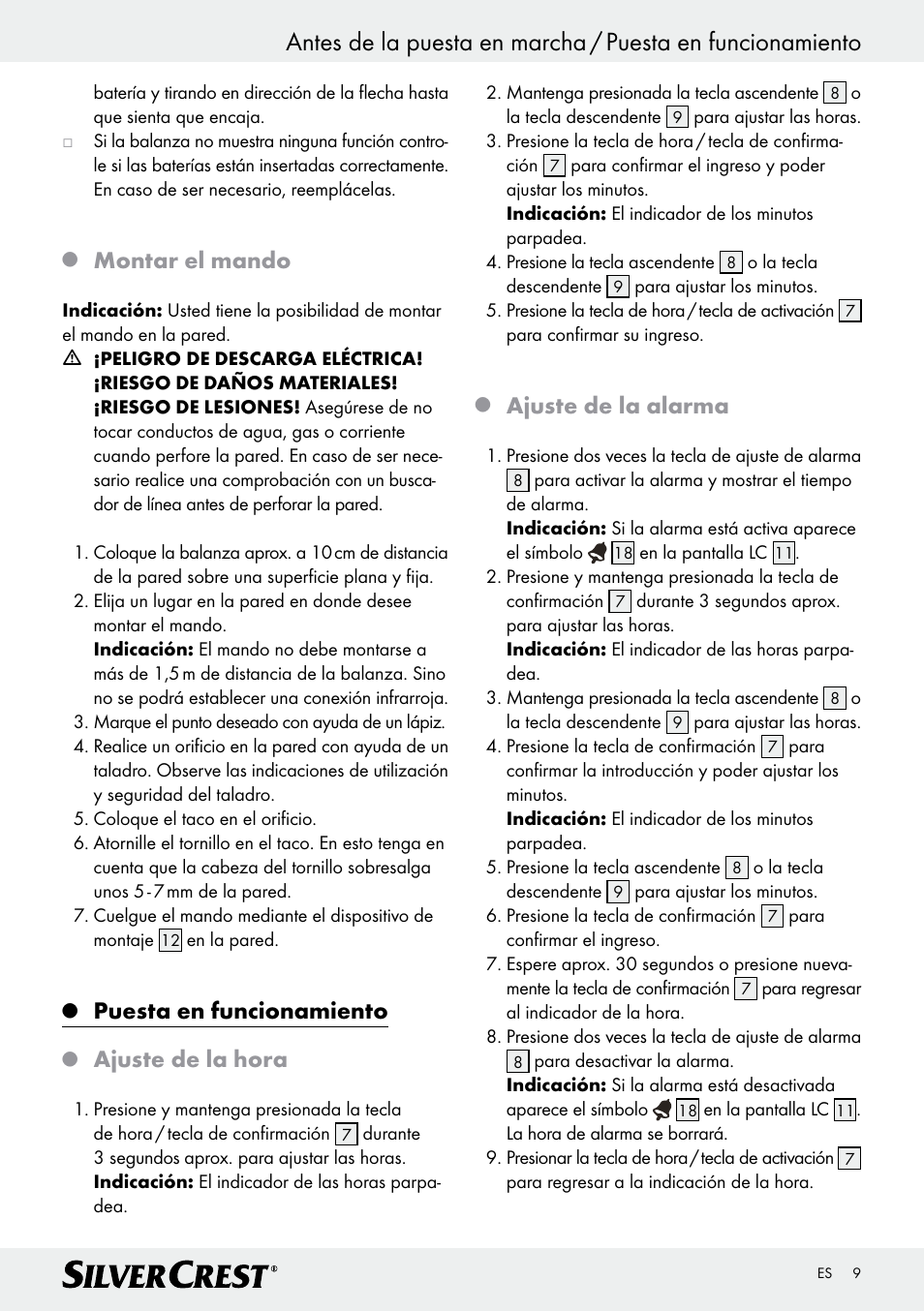Montar el mando, Puesta en funcionamiento, Ajuste de la hora | Ajuste de la alarma | Silvercrest Z28414 User Manual | Page 9 / 49