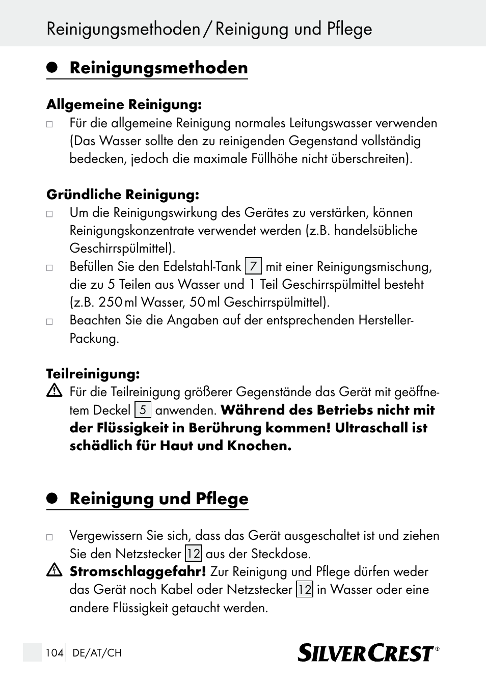 Reinigungsmethoden / reinigung und pflege, Reinigungsmethoden, Reinigung und pflege | Silvercrest SUR 46 A1 User Manual | Page 104 / 109