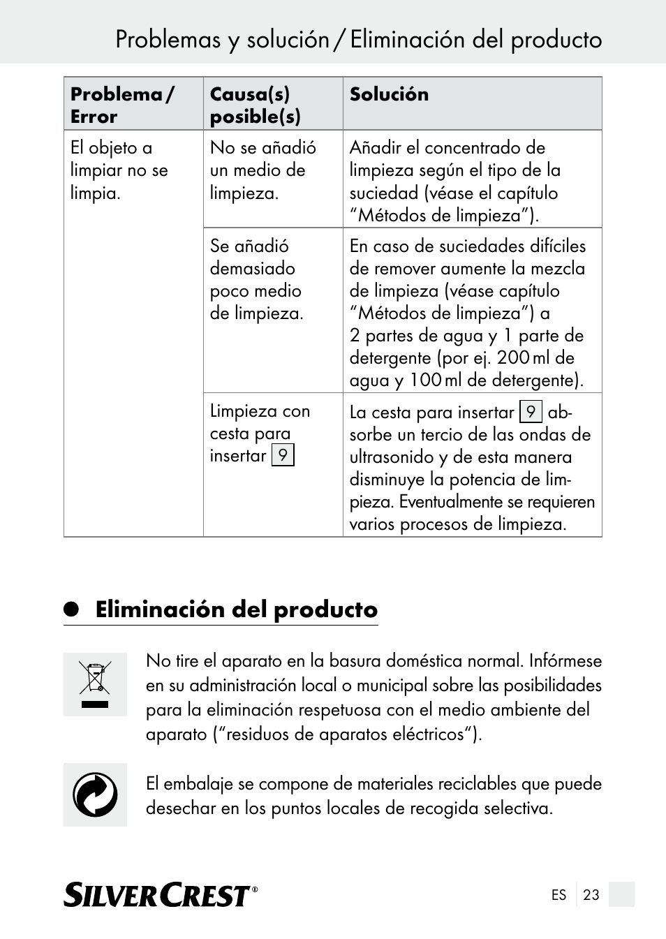 Problemas y solución / eliminación del producto, Eliminación del producto | Silvercrest SUR 46 A1 User Manual | Page 23 / 109