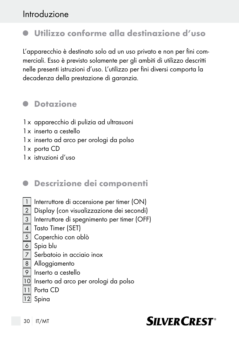 Introduzione, Utilizzo conforme alla destinazione d’uso, Dotazione | Descrizione dei componenti | Silvercrest SUR 46 A1 User Manual | Page 30 / 109