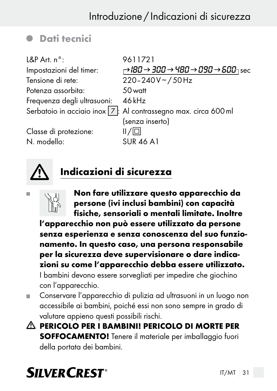 Introduzione / indicazioni di sicurezza, Dati tecnici, Indicazioni di sicurezza | Silvercrest SUR 46 A1 User Manual | Page 31 / 109