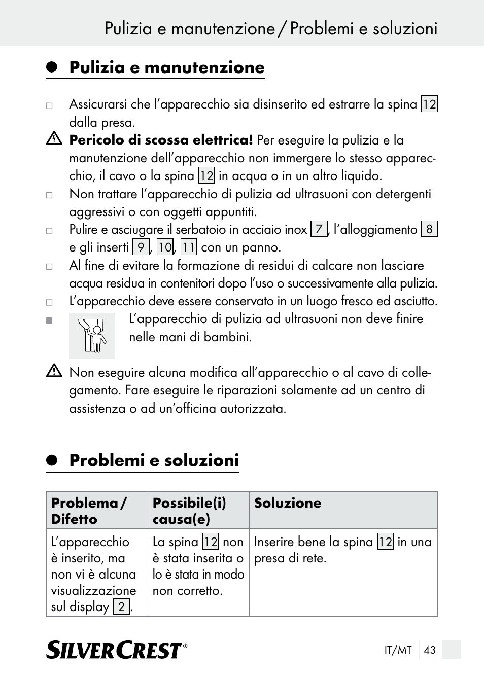 Pulizia e manutenzione / problemi e soluzioni, Pulizia e manutenzione, Problemi e soluzioni | Silvercrest SUR 46 A1 User Manual | Page 43 / 109