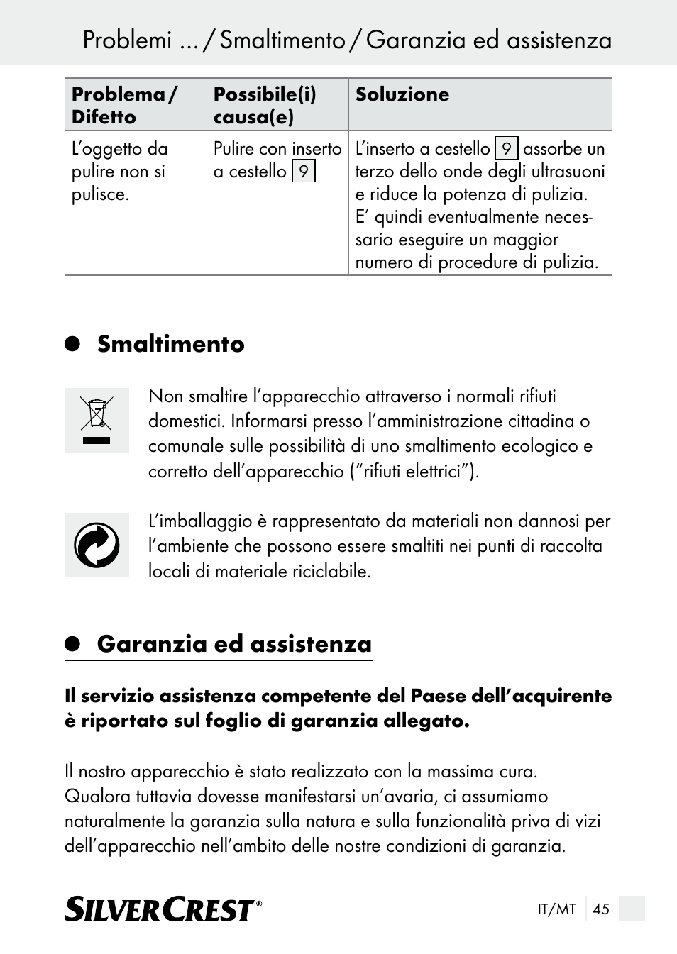 Problemi … / smaltimento / garanzia ed assistenza, Smaltimento, Garanzia ed assistenza | Silvercrest SUR 46 A1 User Manual | Page 45 / 109