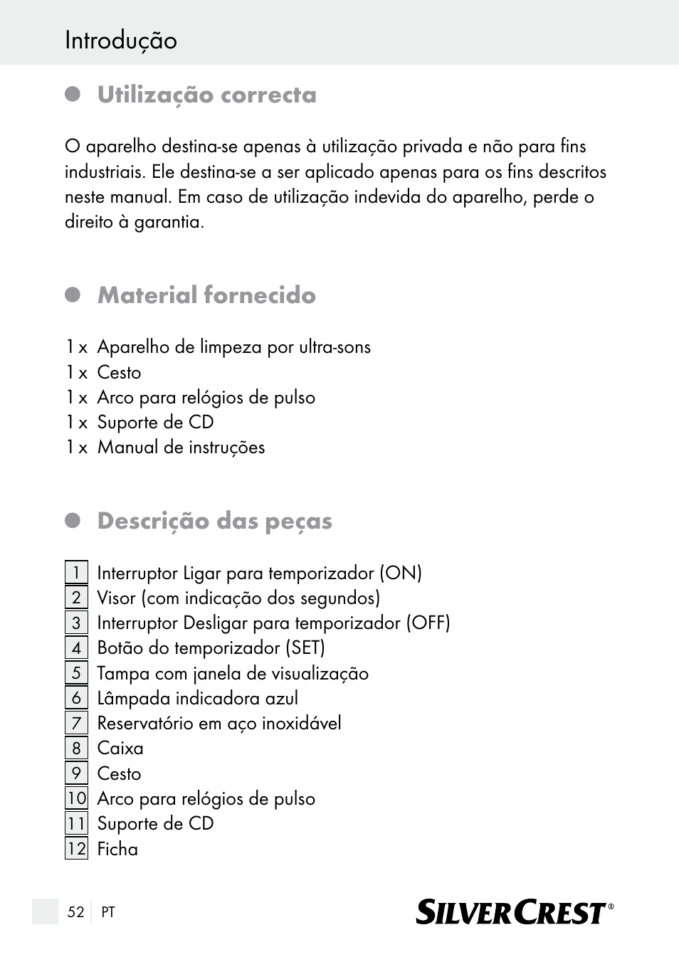 Introdução, Utilização correcta, Material fornecido | Descrição das peças | Silvercrest SUR 46 A1 User Manual | Page 52 / 109