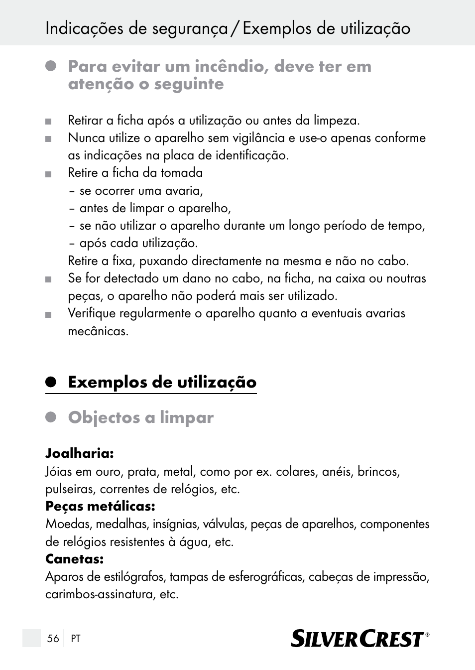 Indicações de segurança / exemplos de utilização, Exemplos de utilização objectos a limpar | Silvercrest SUR 46 A1 User Manual | Page 56 / 109