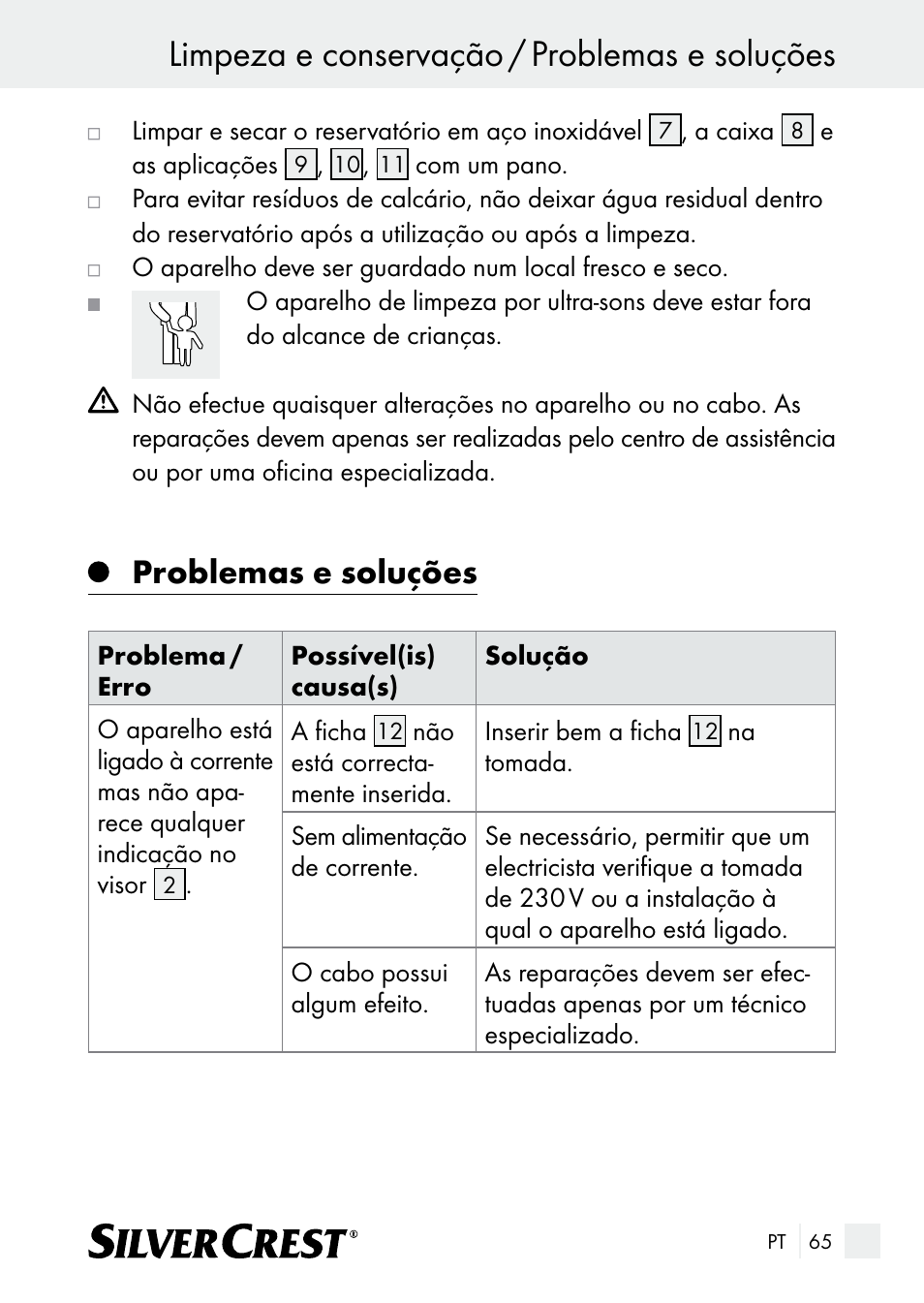 Limpeza e conservação / problemas e soluções, Problemas e soluções | Silvercrest SUR 46 A1 User Manual | Page 65 / 109
