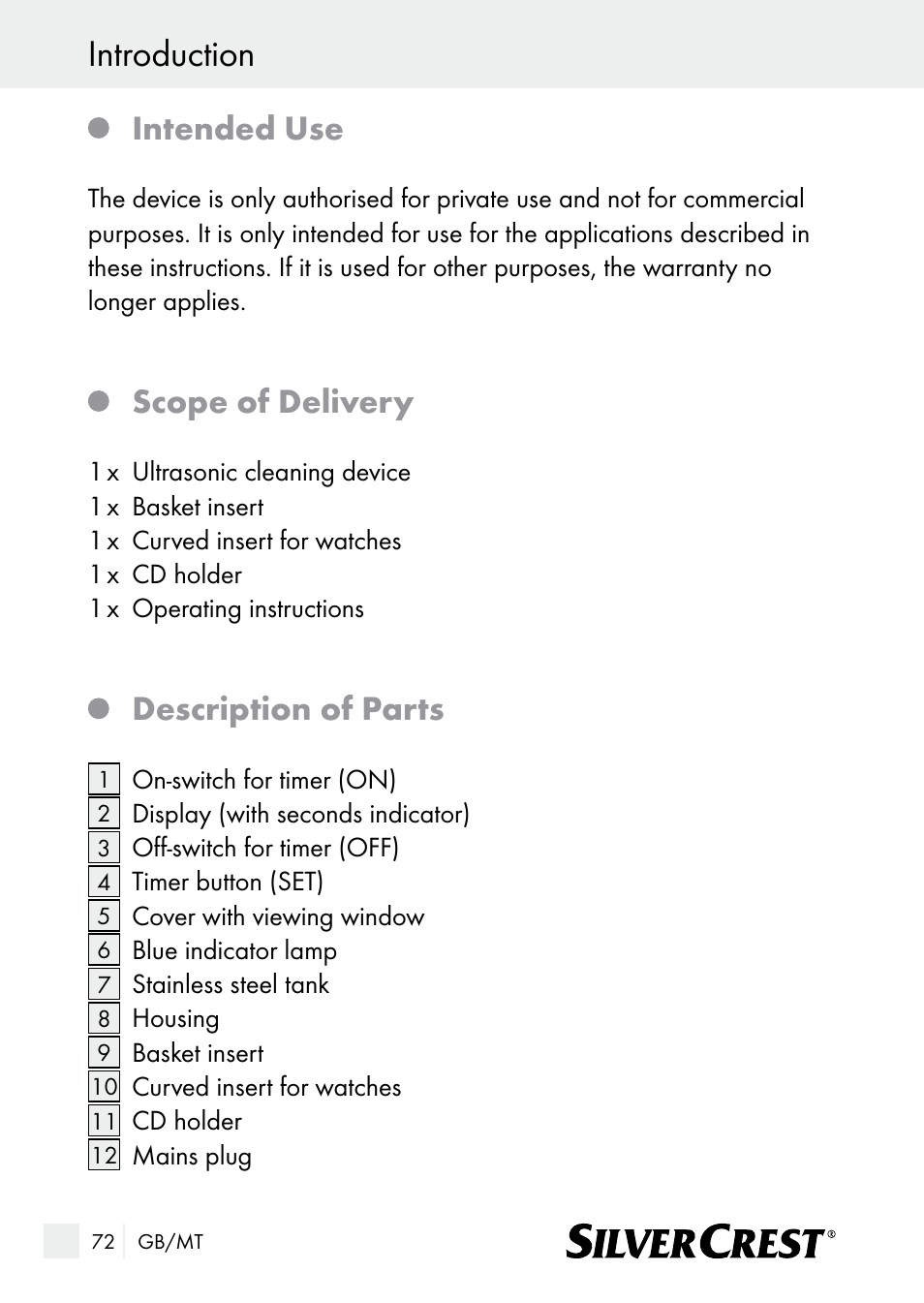 Introduction, Intended use, Scope of delivery | Description of parts | Silvercrest SUR 46 A1 User Manual | Page 72 / 109