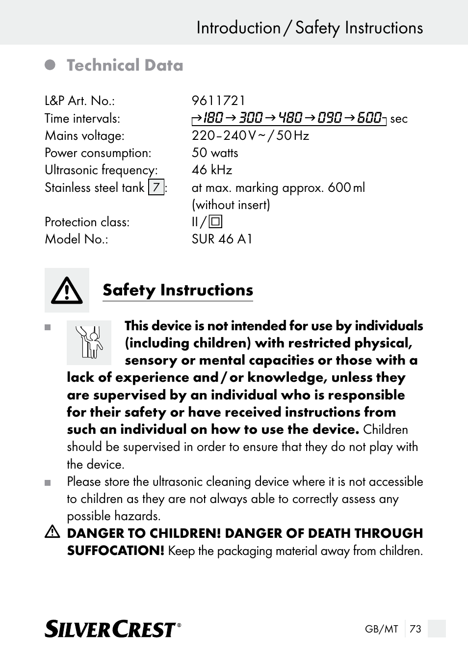 Introduction / safety instructions, Technical data, Safety instructions | Silvercrest SUR 46 A1 User Manual | Page 73 / 109